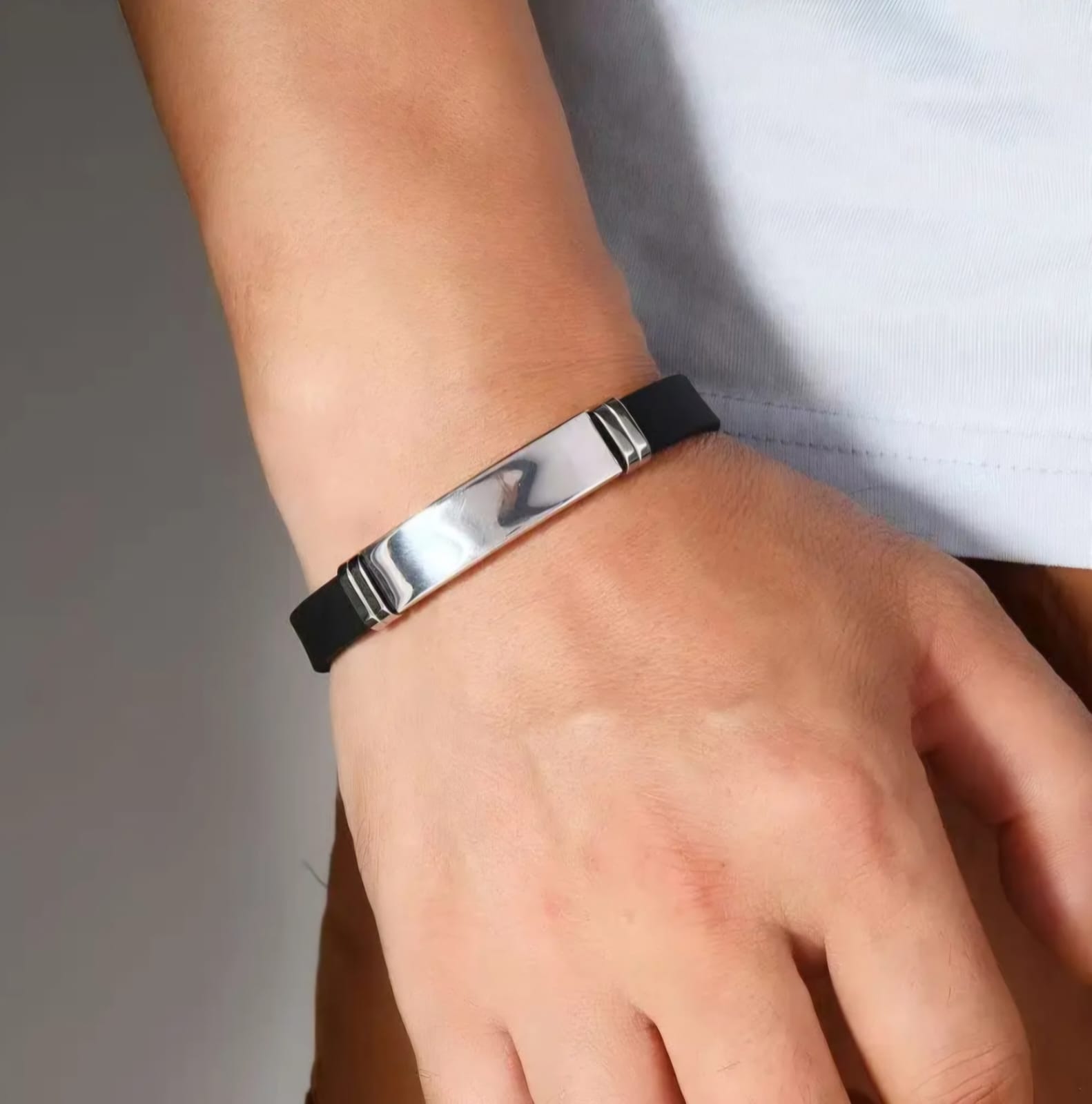 Classic Custom name/logo stainless steel and silicone band bracelet - Image 3