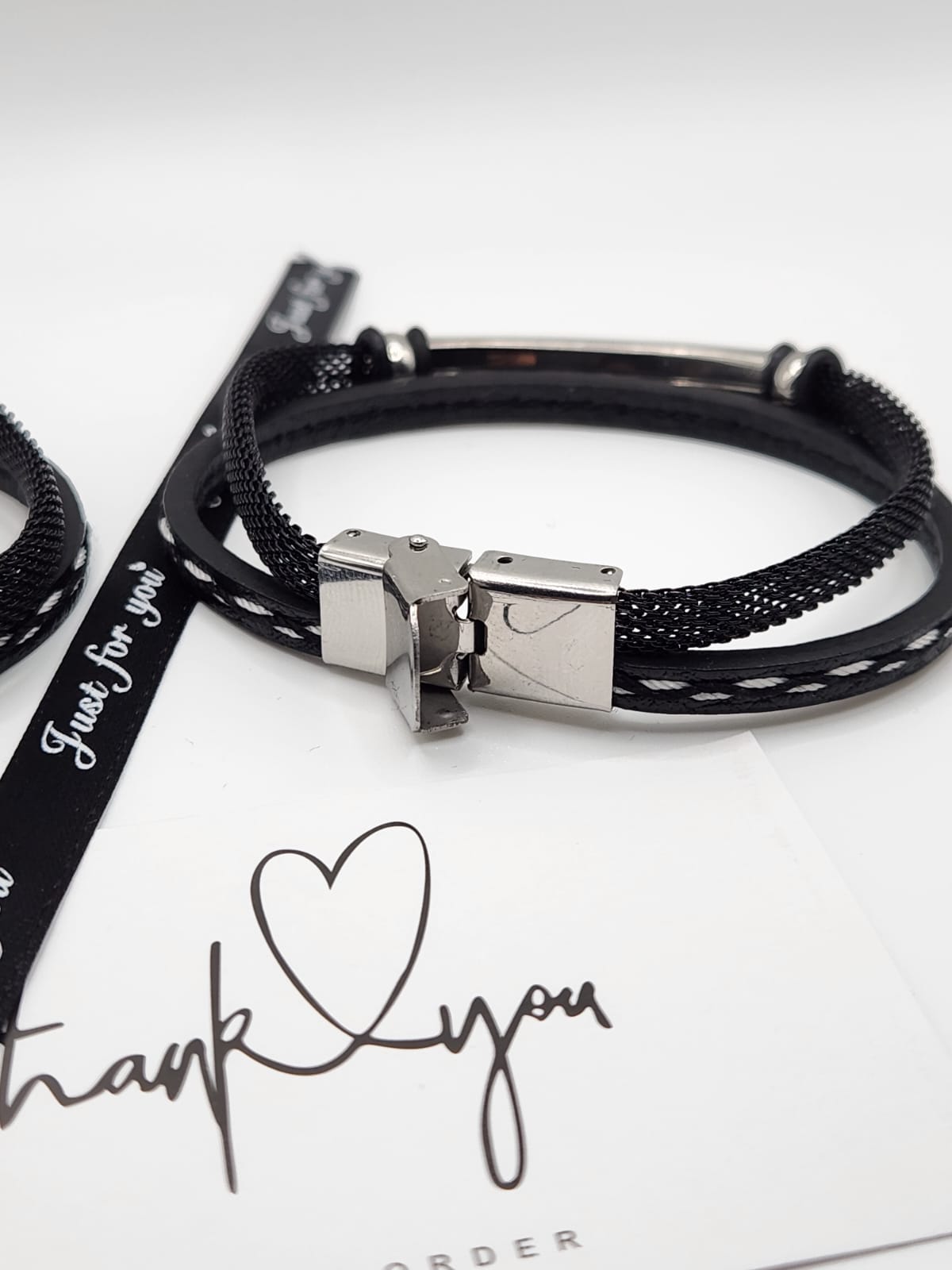 Men's limited engraved  message/ logo bracelet. Double strand leather and stainless mesh band. - Image 2