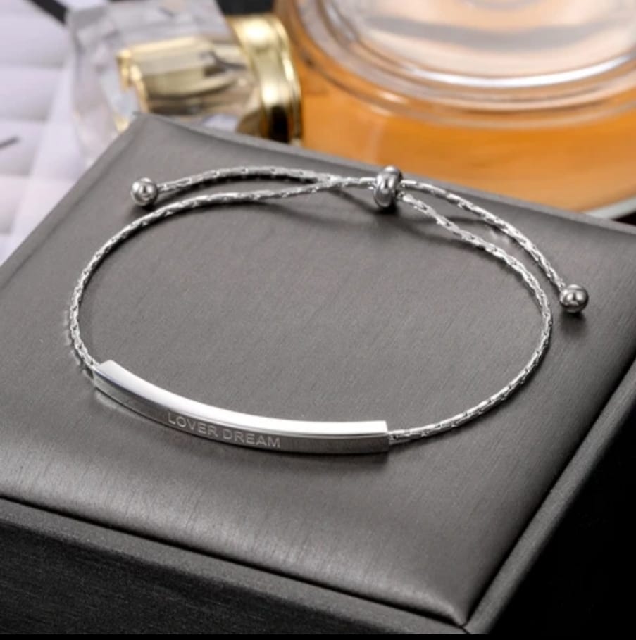 Slim style Lover dream silver plated stainless steel bracelet with slide adjustable rope chain. - Image 3