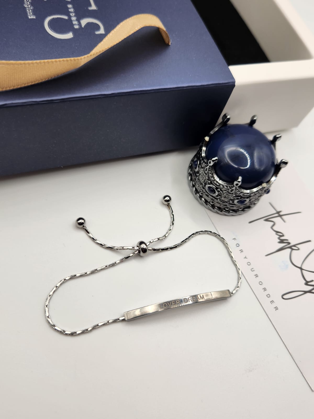 Slim style Lover dream silver plated stainless steel bracelet with slide adjustable rope chain.